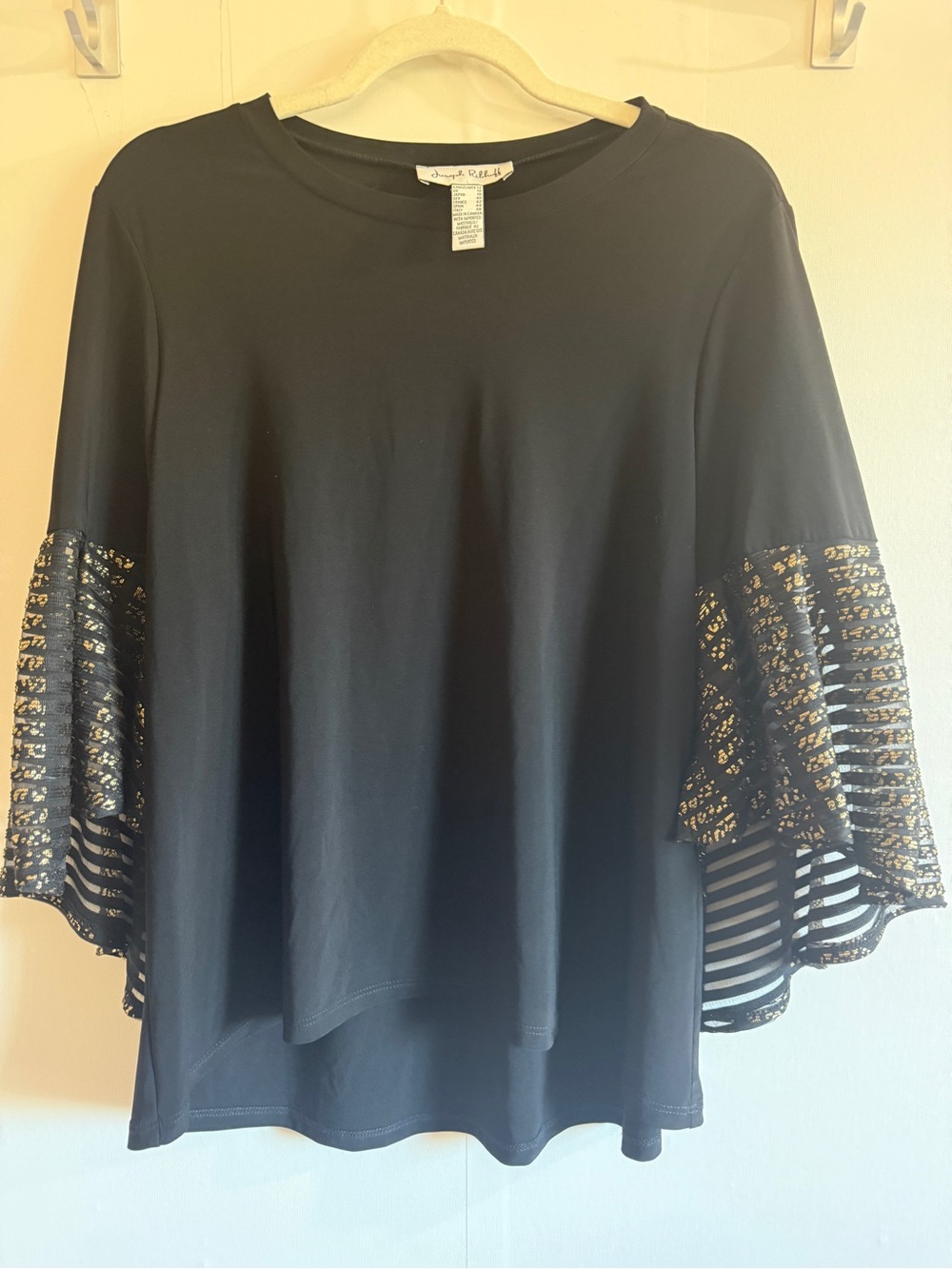 Joseph Ribkoff 204293 Black Gold Mesh Bell Sleeve Top Size 12 Made Canada